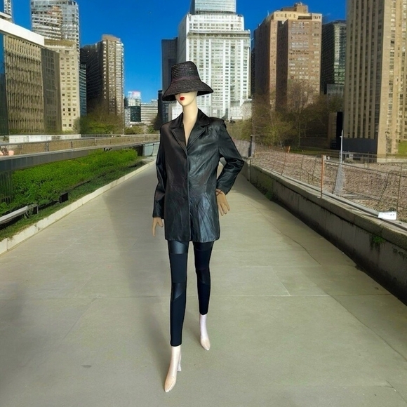 Women Jacket NINE WEST Genuine Leather Coat Black Long Sleeve Button Front Coat - Picture 3 of 10